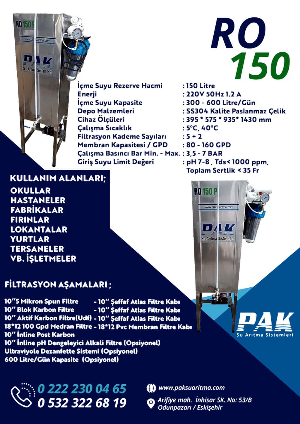 ro150 su artıma cihazı, saf su, sağlıklı su, arıtma sistemleri, endüstriyel su arıtma cihazı